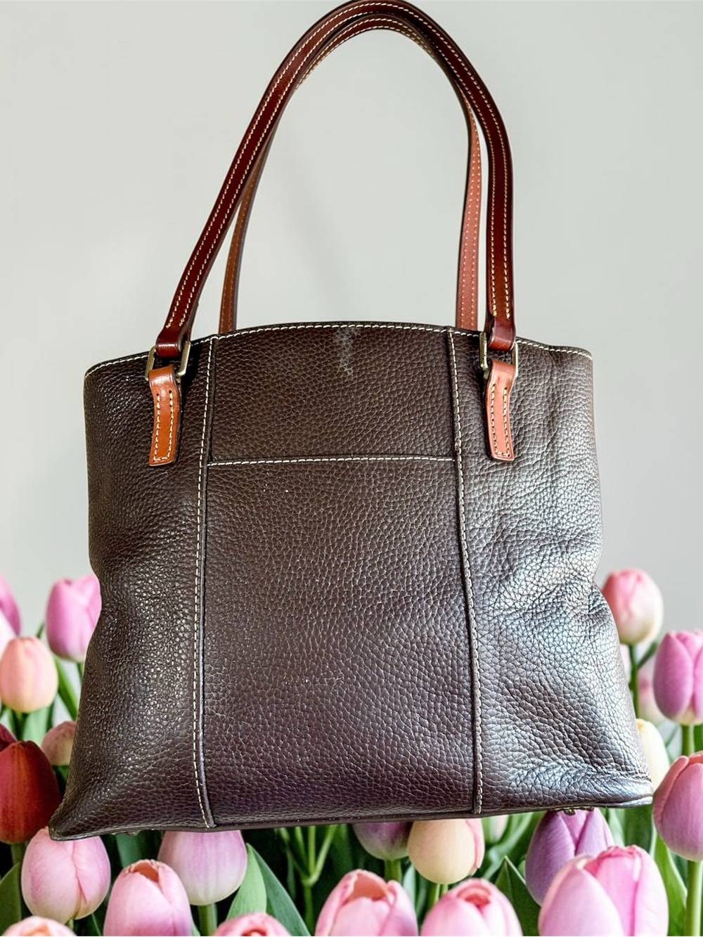 Dooney & Bourke Dark Brown Pebbled Leather Tote with Tan Trim - Picture 2 of 6